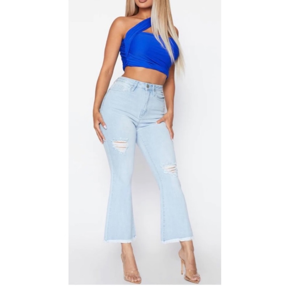 YMI High Rise Frayed Edge Flare Ankle Flood Jeans